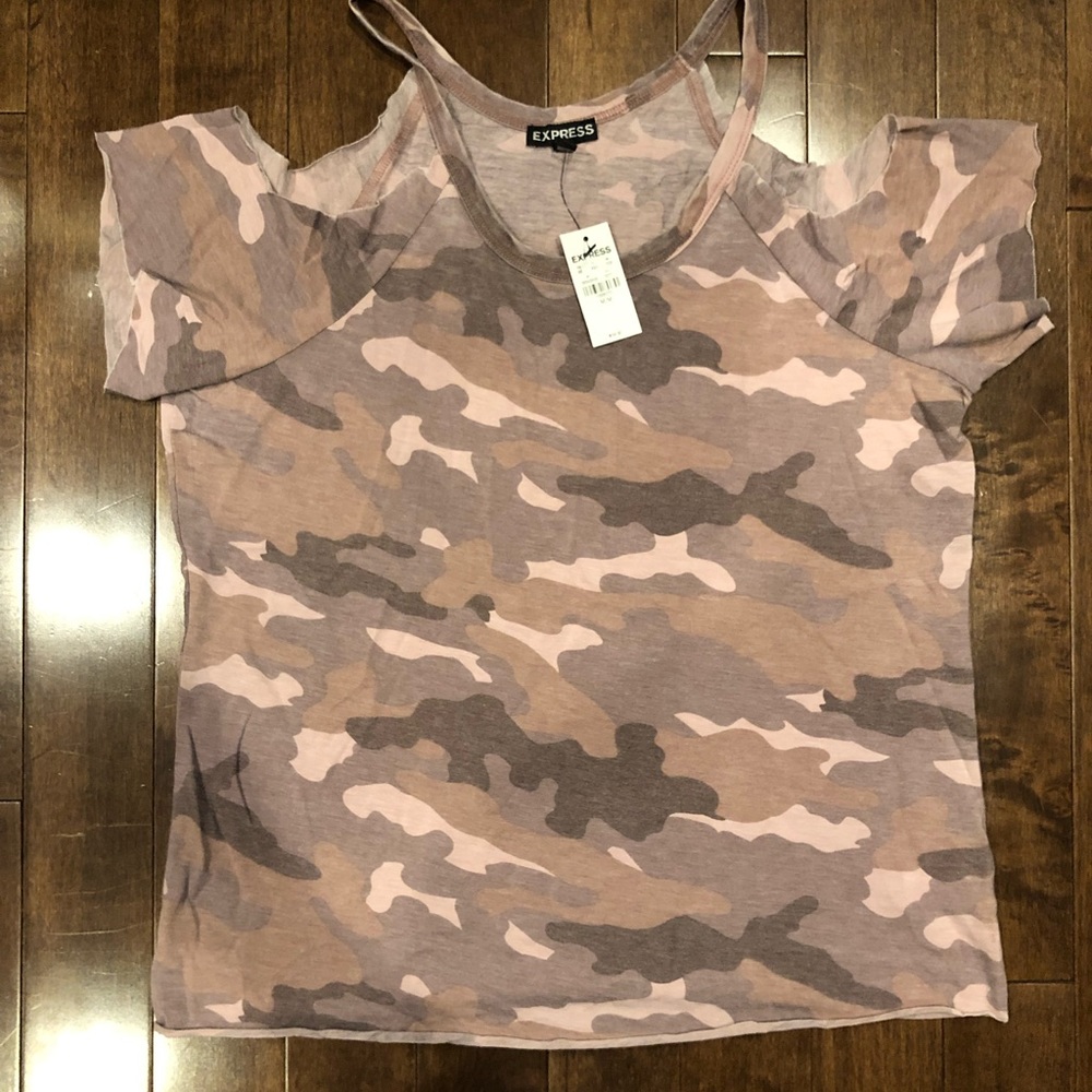 Express pink camo cut out shoulder top